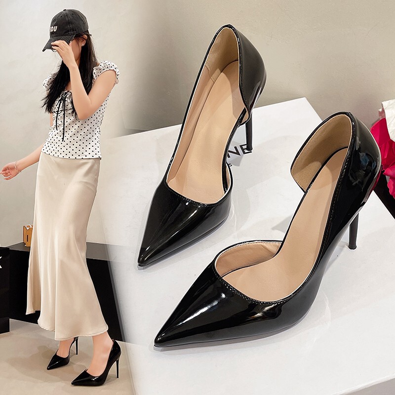 Nude-Colored Sexy High-Heeled Leather Shoes with Skirt, Feminine and Elegant, French-Style Pointed-Toe Hollow-Out Shoes for Women