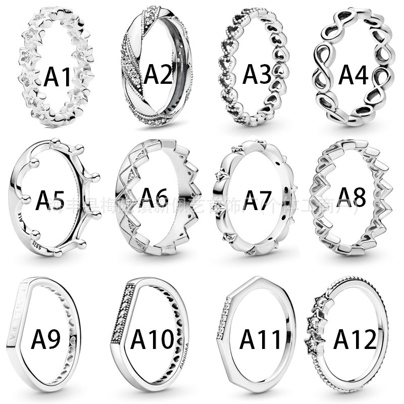 Pandora S925 White Copper Silver-Plated Heart-Shaped Five-Pointed Star Ring for Women, Crown Interlocking Ring