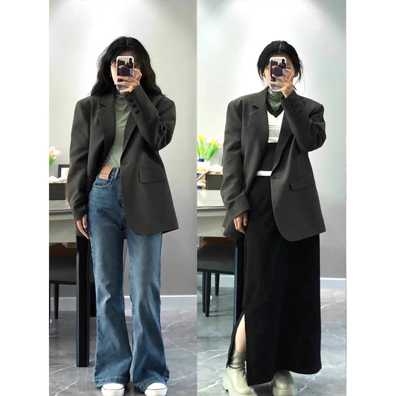 高级感灰色西装外套女秋2025新款韩系宽松休闲气质小西服早秋装|undefined