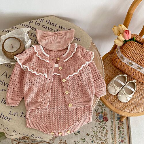  Autumn Clothing Internet Celebrity Infant and Toddler Girls Ruffled Knitted Jacket + Strap Harness Romper 2-piece Set