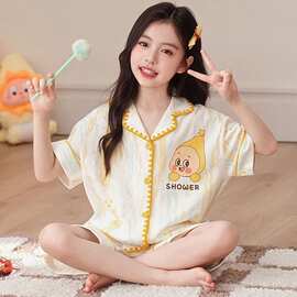 儿童睡衣女童夏季短袖纯棉薄款开衫夏天女孩中大童家居服母女套装