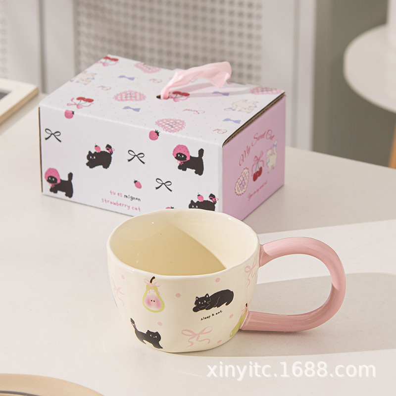 Taza de orejas grandes, taza de cerámica, mango grande lindo de alto valor, taza de café con patrón de dibujos animados creativos al por mayor
