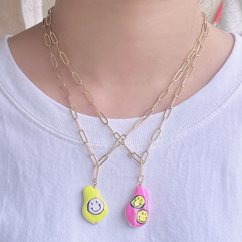 Fashion Irregular Smiley Face Imitation Pearl Copper Necklace Gold Plated Copper Necklaces