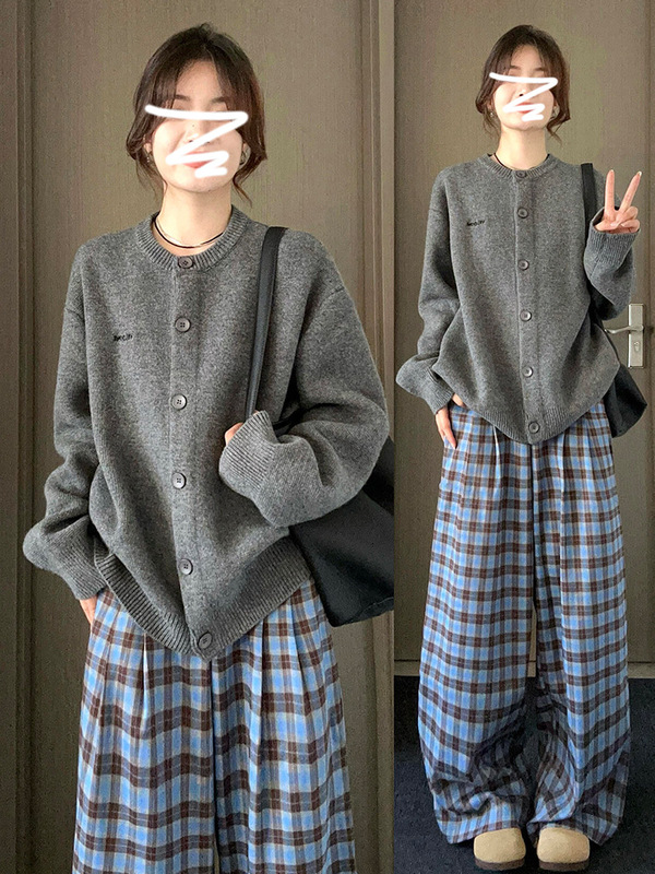 慵懒风高级感灰色圆领毛衣外套女秋冬季新款宽松休闲针织开衫上衣|undefined