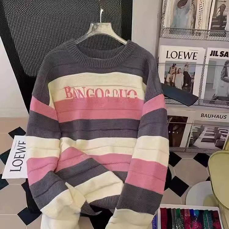 Мода 2024 осень и зима повседневный темперамент женская одежда хлопчатобумажный пуловер с длинным рукавом с круглым вырезом и свободными свитерами