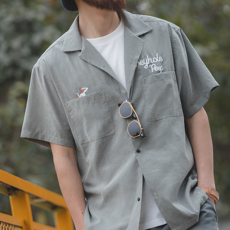 Madden Workwear French Retro Short-sleeve Peach Skin American Loose Amekaji Shirt With Cuban Collar For Men In Summer_voghion.com