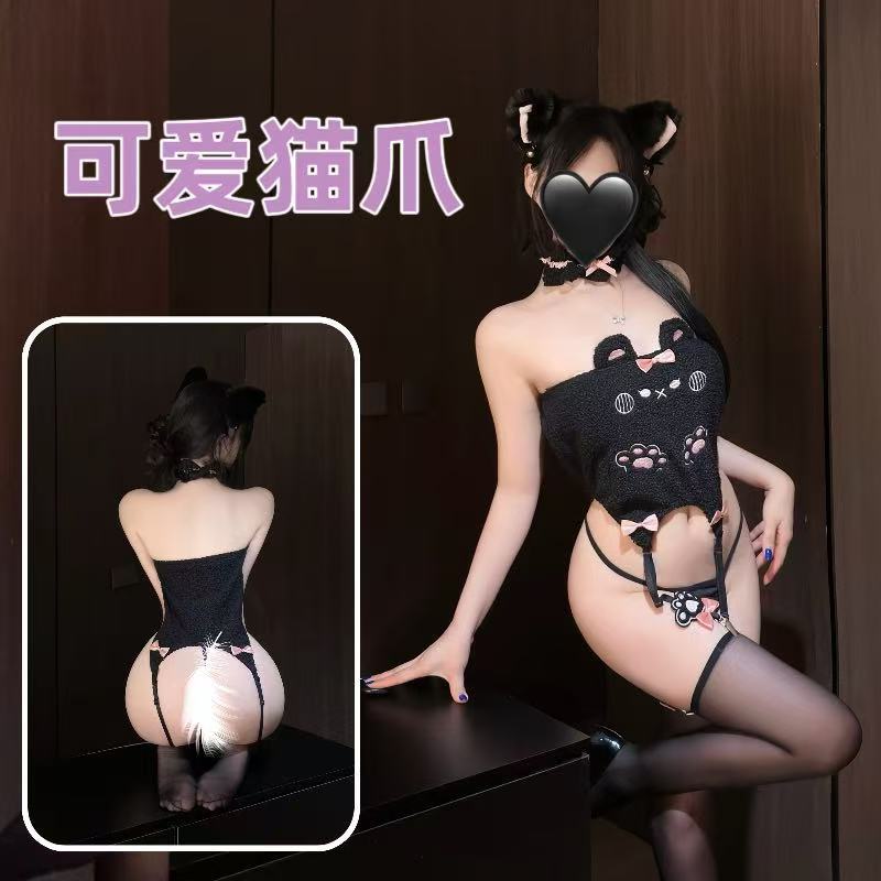 Cat Bunny Girl Cosplay Uniform Set with Plush Vest, Chest-Wrap Top and Cat Ears — detail image 1