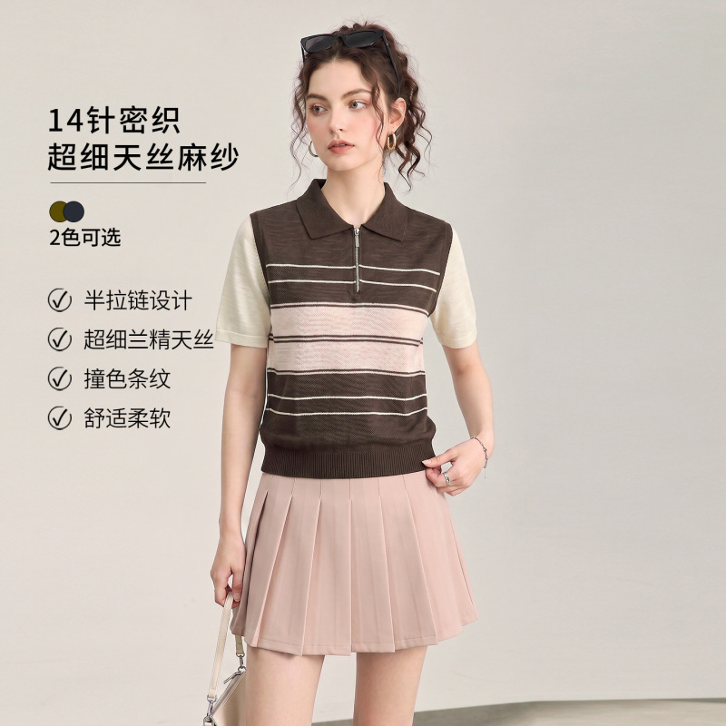 W2606202-16 Fine-Knit Ultra-Fine Tencel Linen Yarn Striped Lapel Half-Zip Macaron Knit Sweater for Women