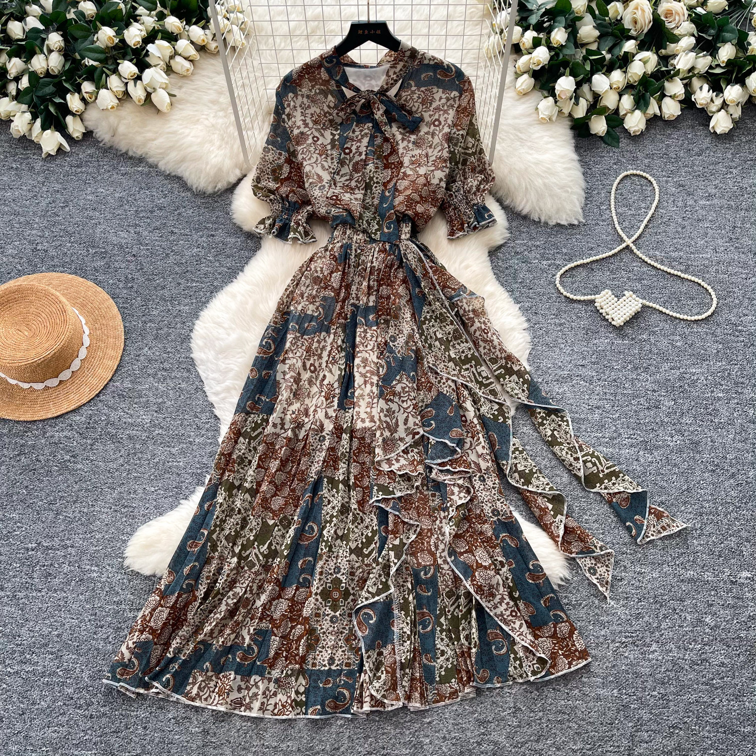 Retro Printed Dress Short Sleeved a Line Skirt Long Slimming Elegant Summer Women's Clothing_ecoleips.com