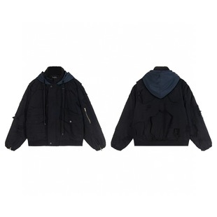 Cross-border broken moon independent black heavy industry destruction washed old zipper hooded jacket cotton-padded jacket jacket