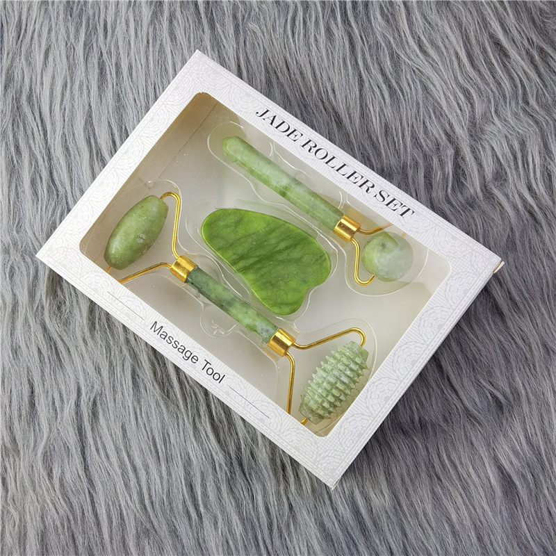 Contenedor de belleza de jade natural, rodillo de jade de doble cabezal, conjunto completo facial, contenedor de belleza de masaje, comercio exterior, jade al por mayor