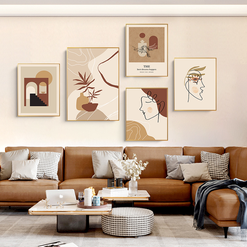 欧式简约沙发背景墙挂画橙色抽象人物莫兰迪组合墙画  客厅装饰画|ms