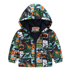 Children's unisex zip-up hat jacket, cartoon dinosaur print, casual spring and autumn jacket