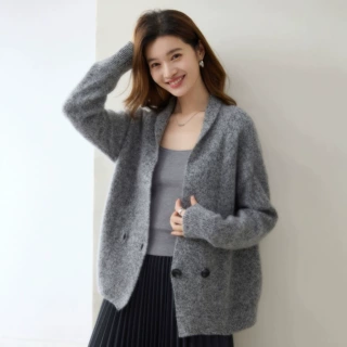花纱青果领山羊绒针织开衫女韩系松弛感外穿毛衣宽松慵懒长袖外套