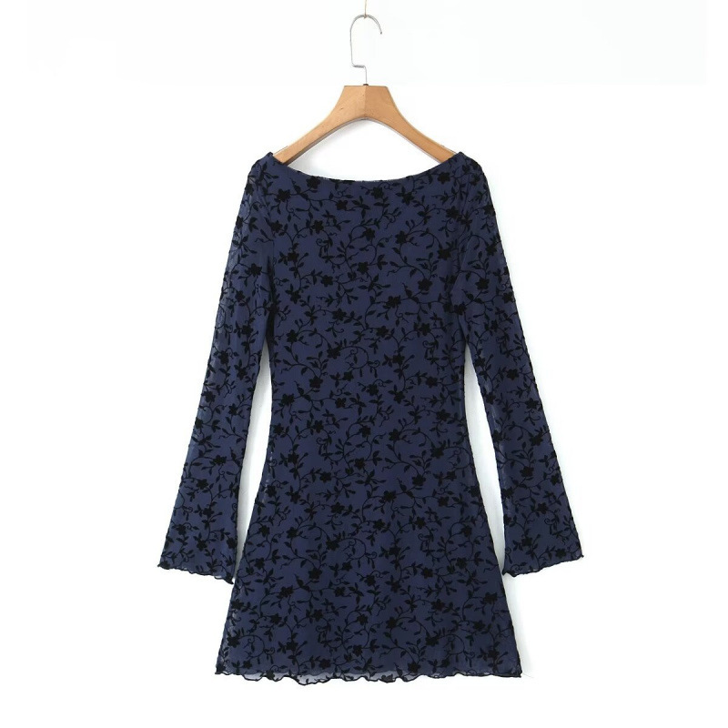 1289-24 Summer New Style French Retro Flocked Pattern Sexy Off-Shoulder Flared Long Sleeve Short Dress