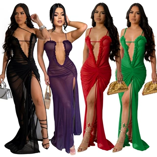 CY901203欧美独立站外贸新款 性感透视涤网纯色高开叉连衣裙女