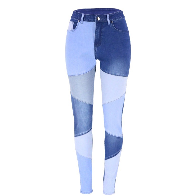 Otoño 2025 en stock, ropa de mujer de talla grande, vaqueros de mezclilla lavados de algodón a la moda con parches azules y negros, estilo transfronterizo.