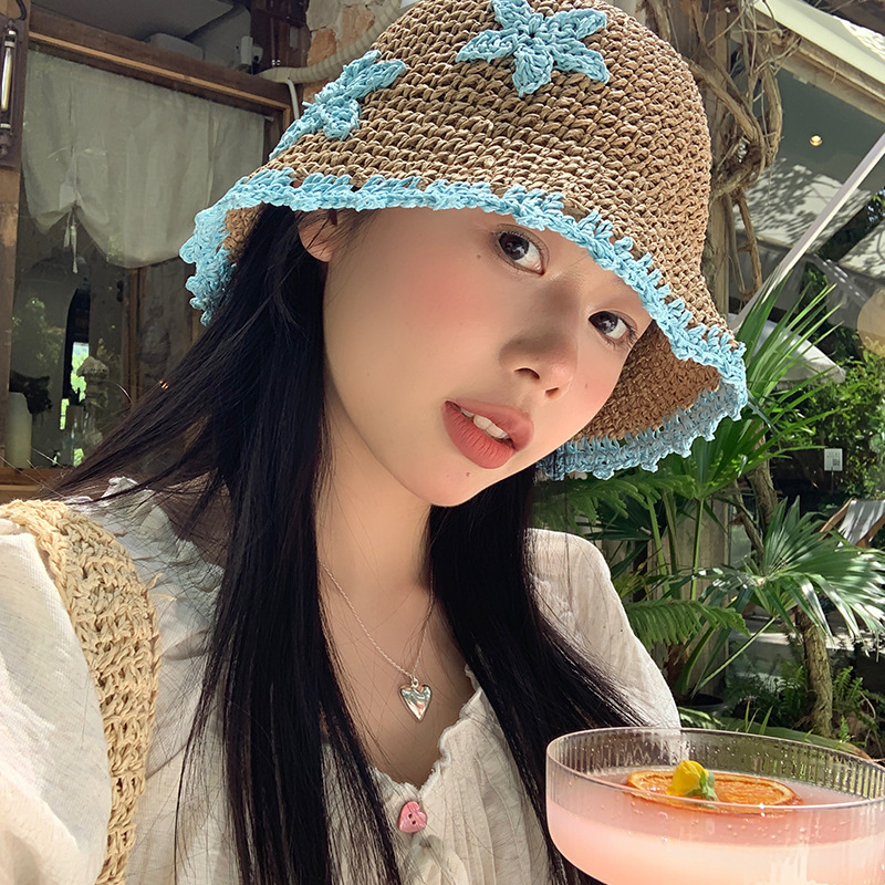 夏季撞色花朵草编渔夫帽女遮阳防晒水桶帽日系小清新显脸小草帽子