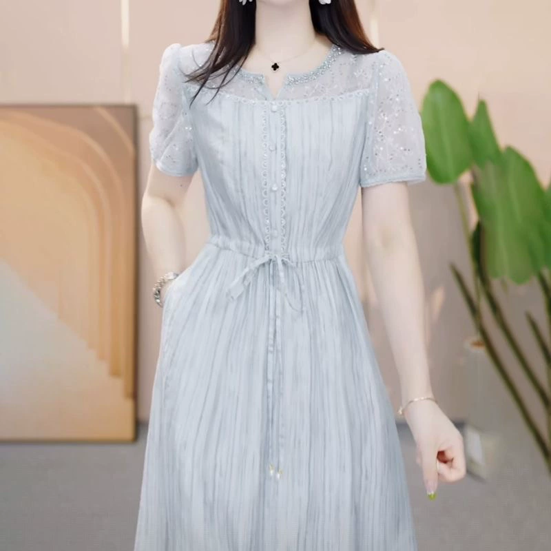 Легкое шелковое шифоновое платье с цветочным принтом для прикрытия живота, лето 2025, новая стильная элегантная юбка средней длины выше колена для похудения