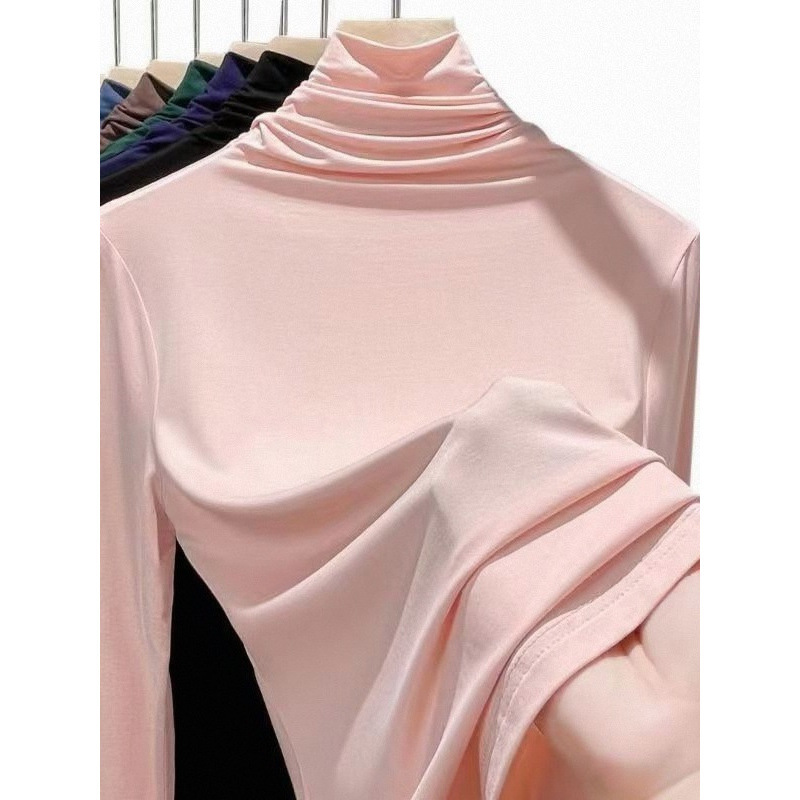 Thin Pink Modal Turtleneck Bottoming Shirt for Women, Spring & Fall Slimming Look Pile Collar Top, Long-Sleeved T-Shirt, Winter Style