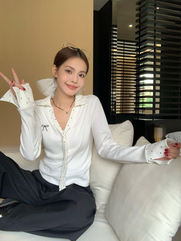 白色波点拼接polo领内搭打底衫女装秋季修身短款长袖T恤上衣跨境|undefined
