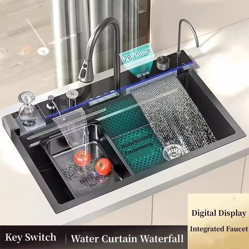 Kitchen Honeycomb Intelligent Digital Display Flying Rain Mermaid Waterfall Washing Vegetable Basin 304 Stainless Steel Thickened Handmade Single Slot