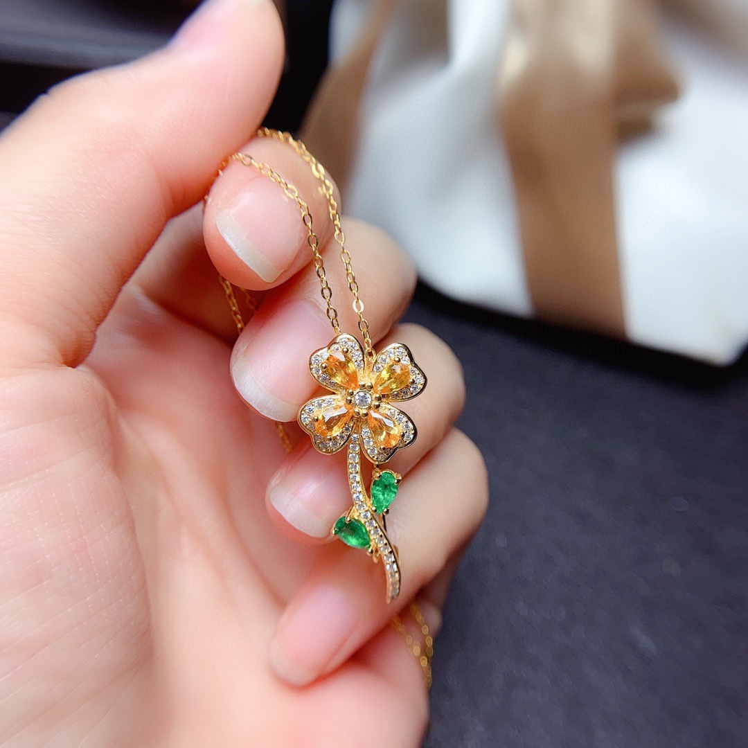 Mode vierblttriges Kleeblatt Halskette Nachahmung natrlichen SmaragdKupferAnhngerpicture3