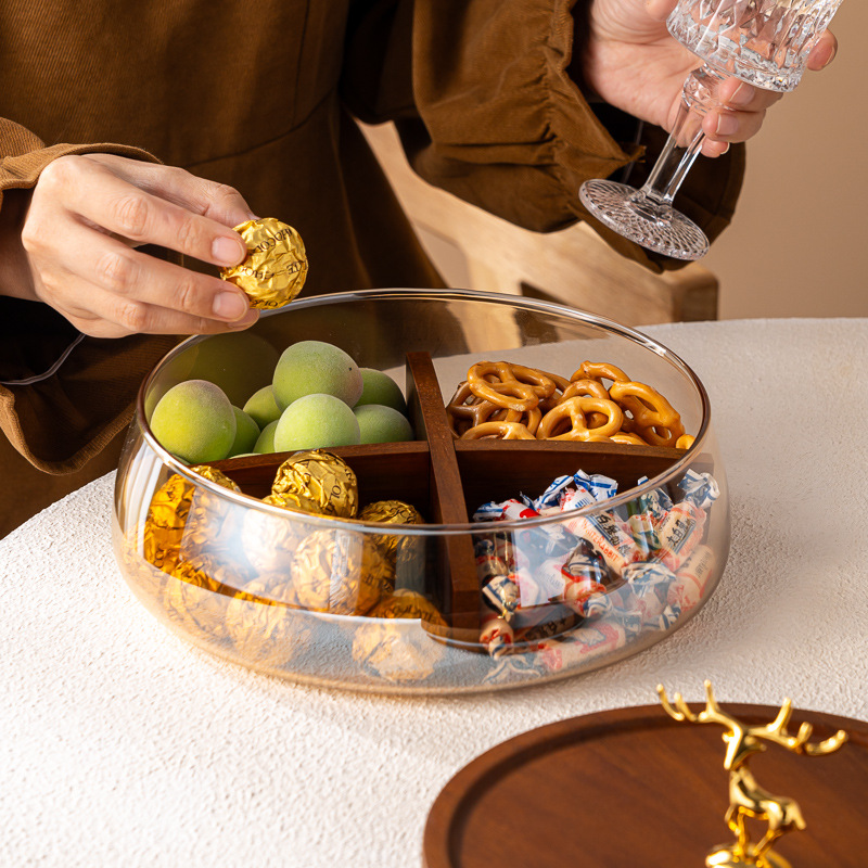 Tigela de doces minimalista em estilo japonês, em vidro, para sala de estar, caixa de madeira para nozes, fruteira alta com suporte para armazenamento e exibição._voghion.com