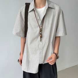 日系复古格纹短袖衬衫男女夏季cleanfit宽松百搭通勤情侣格子衬衣