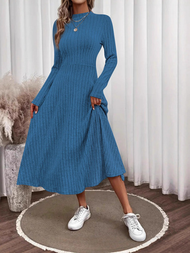 eBay Western and Eastern Autumn and Winter Fleece Pitted Striped Dress Fashion and Elegant Solid Color Round Neck Dress