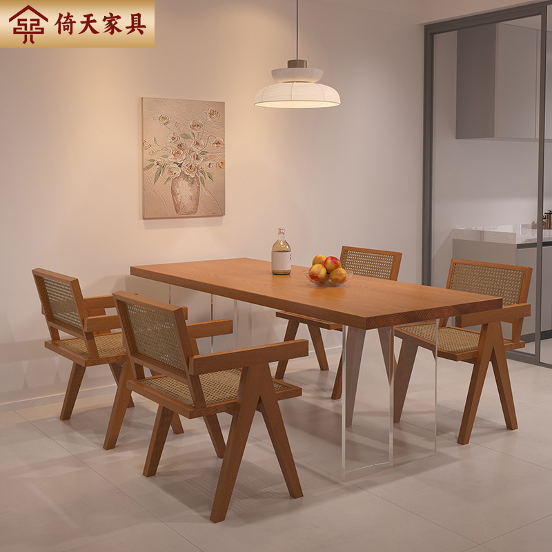 Eternal Modern Simple White Waxwood Dining Table for Home Use Acrylic Floating Dining Chair Set for Inn Real Wood Eating Table