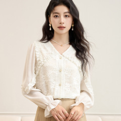 2025秋季新款V领蕾丝衫别致上衣修身显瘦长袖女衬衣9553