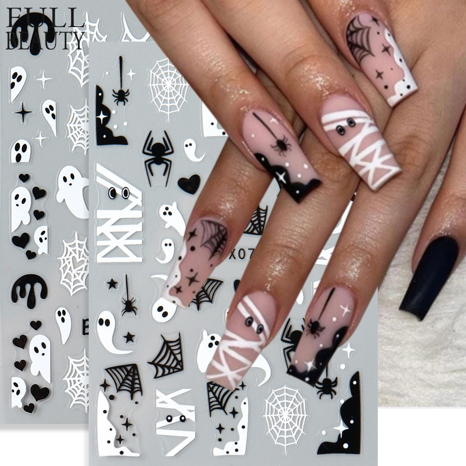 跨境新款美甲贴纸 ins万圣节搞怪小幽灵爱心蜘蛛网背胶指甲贴纸