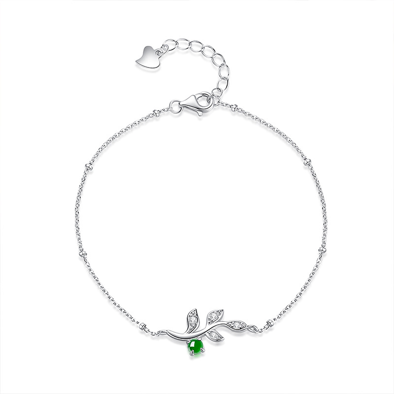 Pulsera de hoja de jade de alta calidad natural S925 con incrustaciones de plata esterlina fresca y dulce, joyería explosiva de todo fósforo de moda