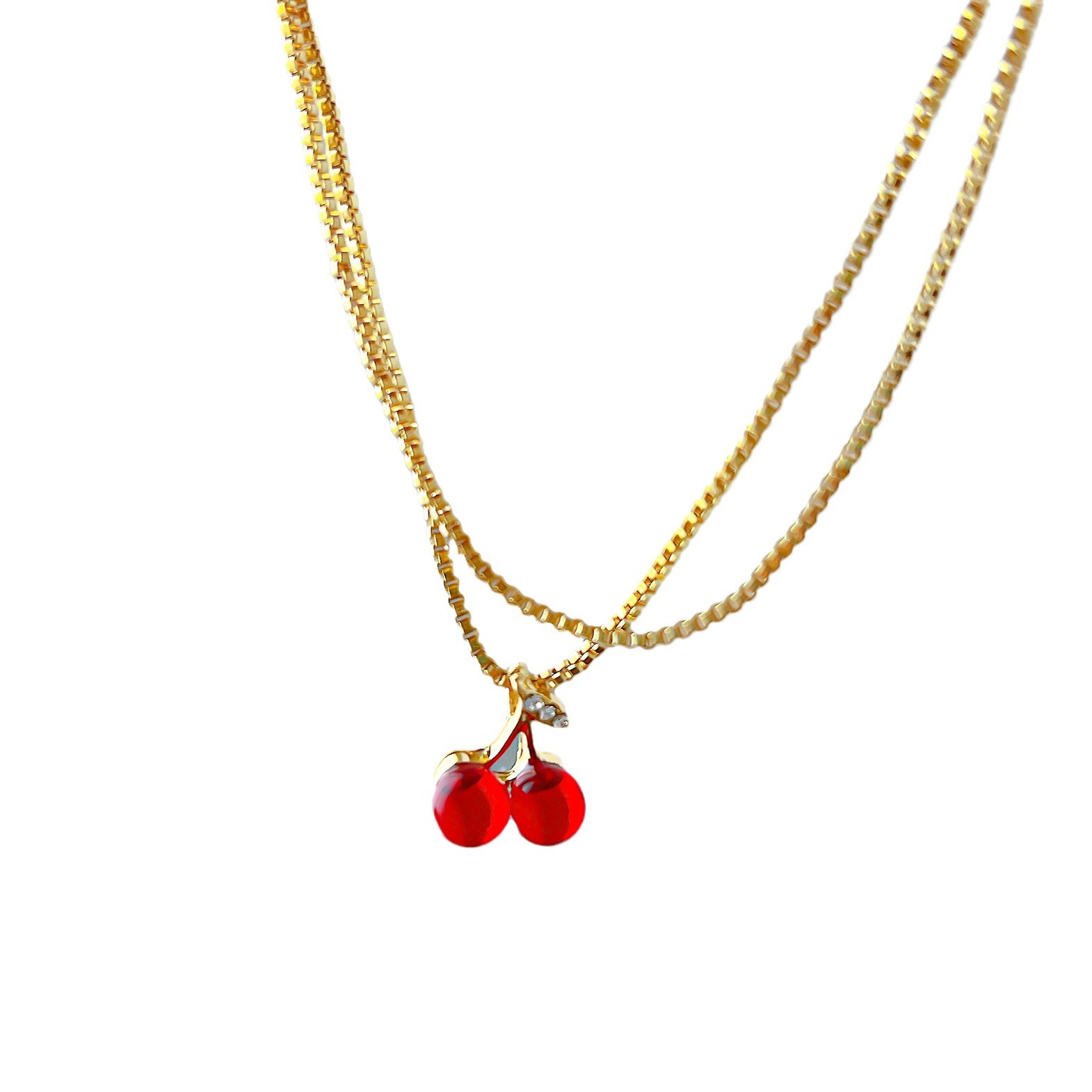 Collier pendentif cerise rouge à vendre, conception de niche féminine, collier simple à chaîne en boîte dorée haut de gamme_voghion.com