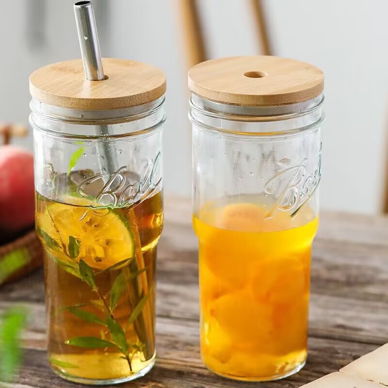 Amazon Foreign Trade 24oz Bamboo Node Mason Glass Cup Straw Bamboo Lid Beer Cup Cold Drink Cup Beverage Cup Juice Cup