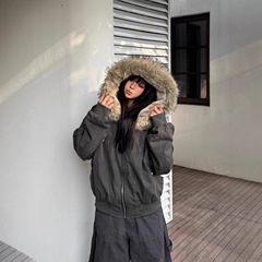 2025美式复古黑色外套女款秋冬季派克服加绒加厚国潮短款夹克百搭