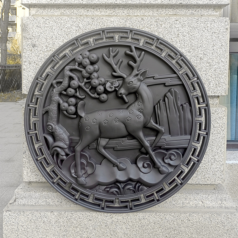 松鹿图圆形70cm塑料仿砖雕复古建筑新中式影壁树脂院墙装饰大挂件