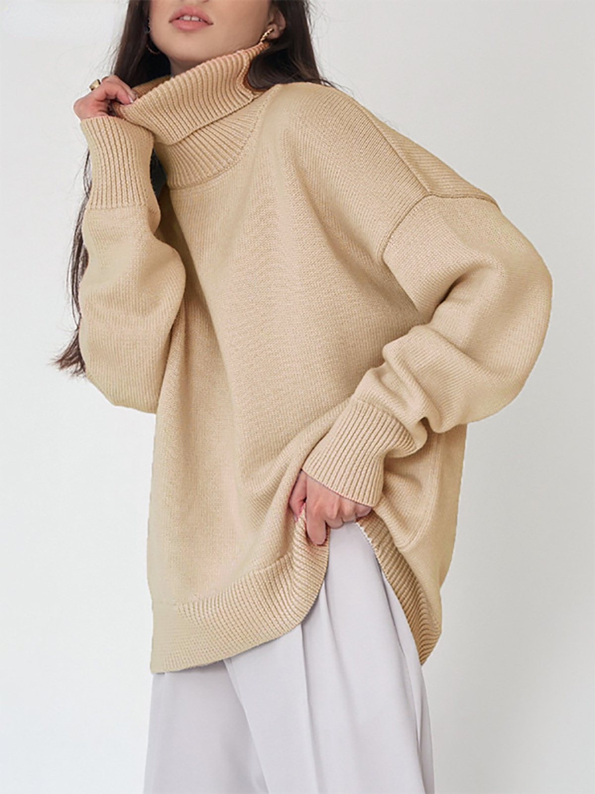 Suéter de cuello alto de Amazon transfronterizo para mujer 2025 Suéter suelto de otoño e invierno europeo y americano Suéter clásico de color sólido de todo fósforo