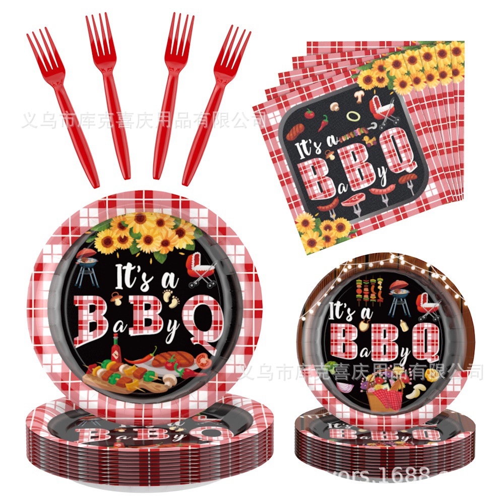 BBQ transfronterizo suministros de decoración de fiesta de baño de bebé bautismo de bebé bandeja de papel desechable taza de papel para tirar de la decoración de la bandera