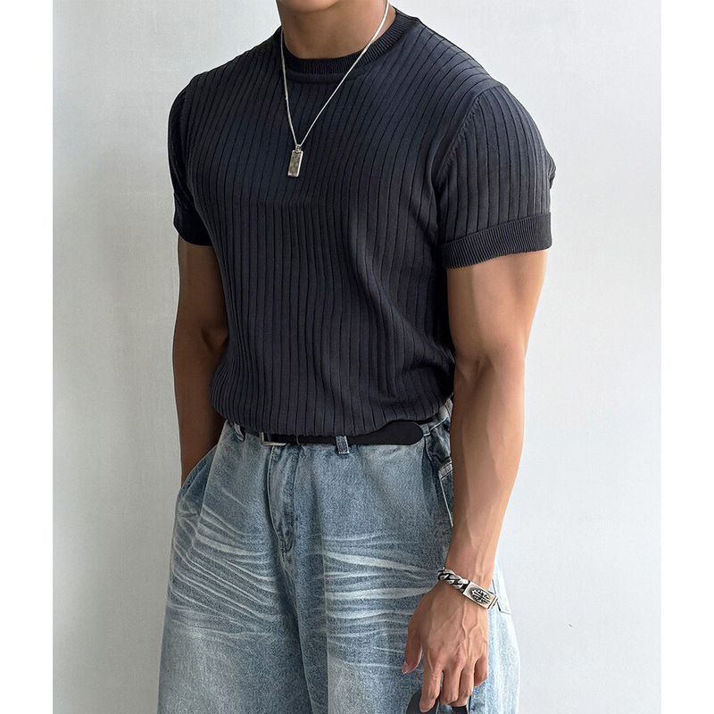Round Neck Striped Short-Sleeved Knit Shirt for Men, Slim Fit Muscle-Enhancing T-Shirt, Foreign Trade Cross-Border Wholesale, Muscle-Enhancing Short-Sleeved Shirt for Men Round Neck Striped Short-Sleeved Knit Shirt for Men, Slim Fit Muscle-Enhancing T-Shirt, Foreign Trade Cross-Border Wholesale, Muscle-Enhancing Short-Sleeved Shirt for Men