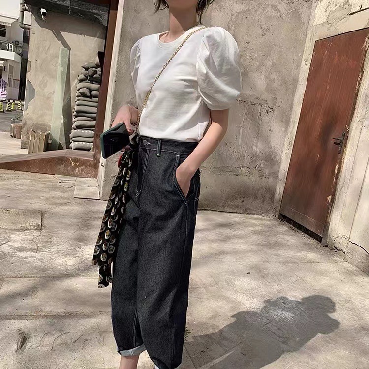 女性の夏の半袖 Tシャツパフスリーブランタンスリーブ韓国風シックな気質純綿トップ工場直販卸売|undefined