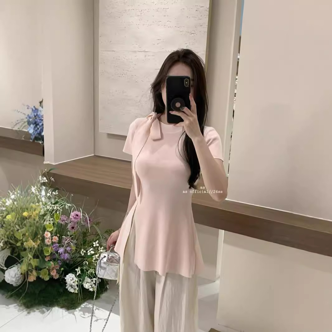 针织面料修身系带蝴蝶结侧边开叉设计感针织衫