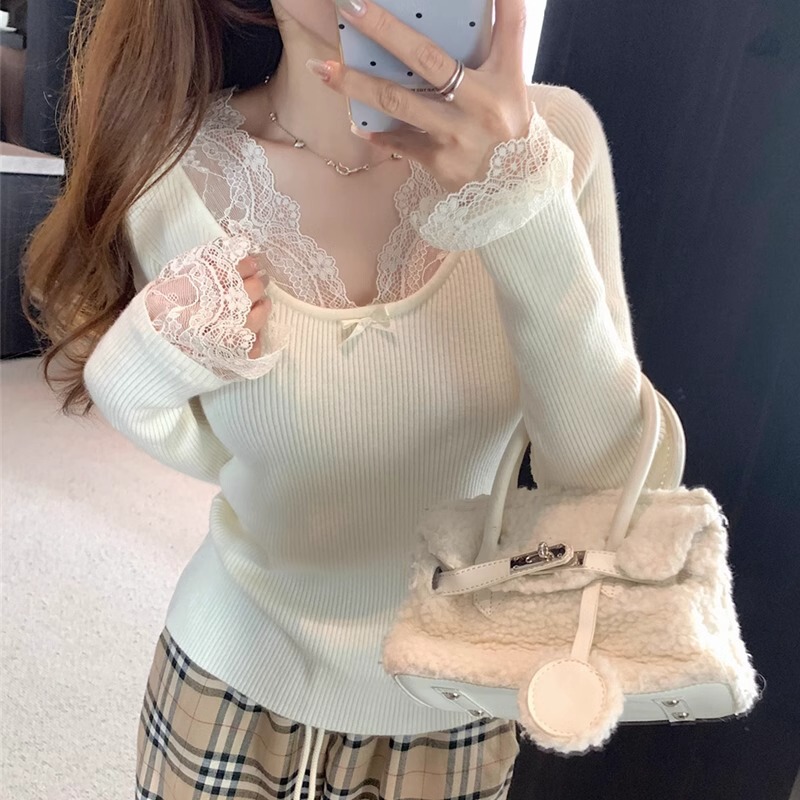 Sweet and Spicy White Lace V-neck Sweater Women's 2024 Autumn and Winter High-grade Chanel Style Inner Knitted Base Long-sleeved Top