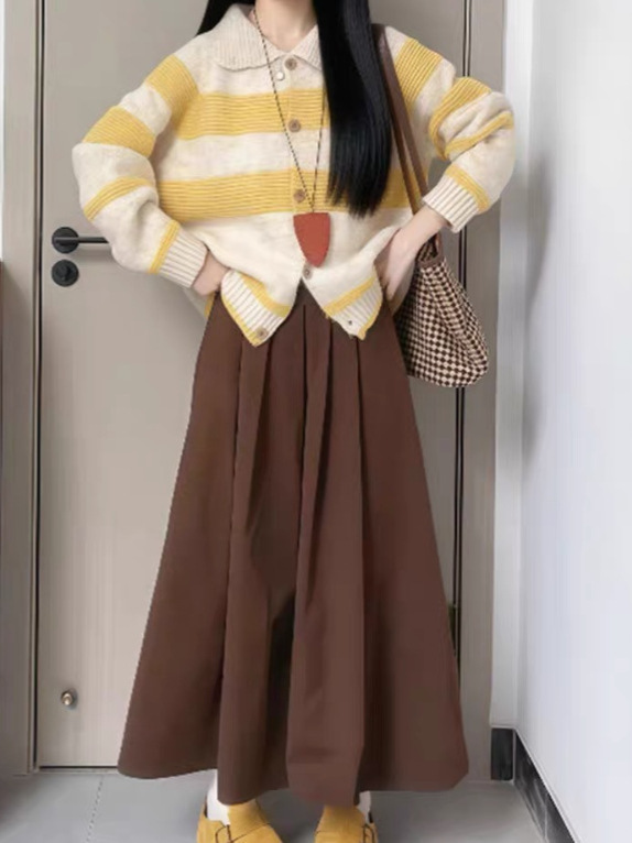 黄色针织衫条纹毛衣女款2025秋季新款氛围感穿搭时尚半身裙套装女|undefined