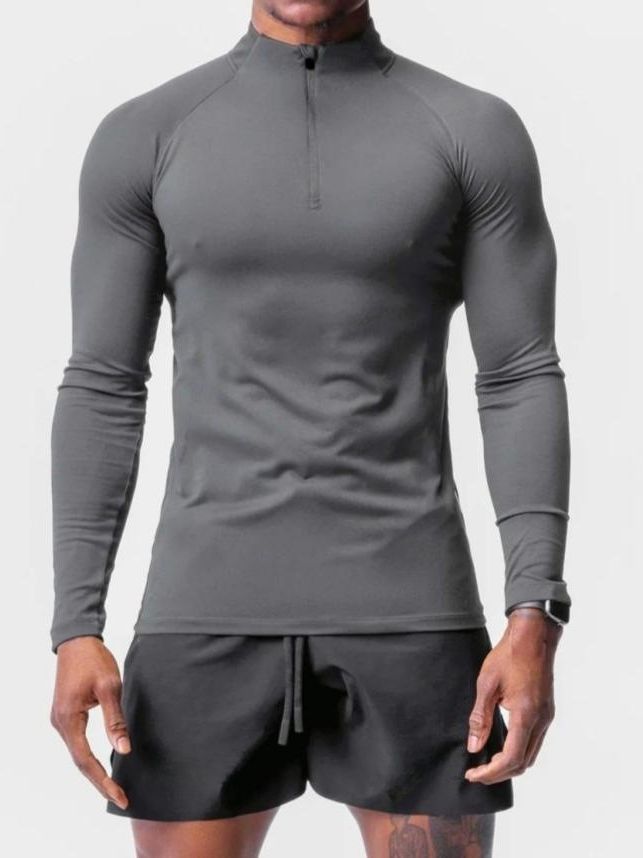 Ropa deportiva y de ocio transfronteriza para hombre, cuello medio alto, tejido cepillado, corte ajustado, camiseta de manga larga con media cremallera para entrenamiento y running.