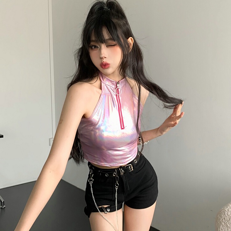 High Waist Tight Sexy Spice Girls Shorts Women's Elegant Jazz Black Hot Pants Laser Powder Sling Two-piece Suit