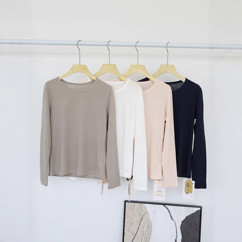 Spring and Autumn New Linen Round Neck Bottoming Shirt Women's Slim Top T-Shirt Basic Casual Breathable Plaid Inner Long Sleeve