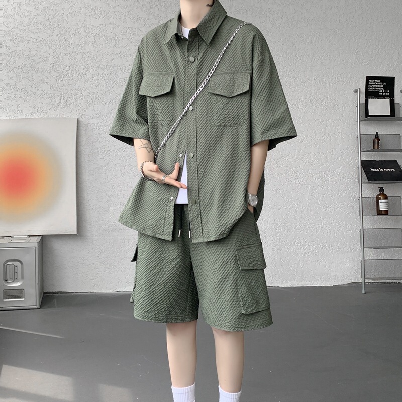 Casual Sports Suit for Men, Two-Piece Summer Ice Silk Quick-Dry Large Size Workwear Short-Sleeve Shirt Paired with Five-Point Pants