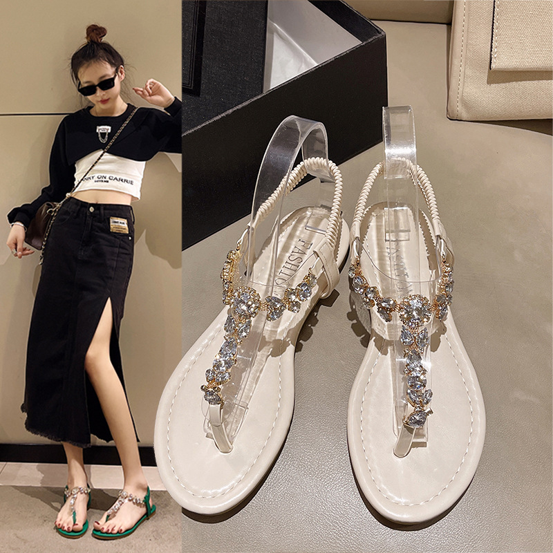 Summer solid color sandals flat with rhinestones